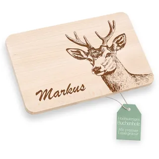 ABENTEUERNAH Frühstücksbrett personalisiert Mann, Brotzeitbrett mit Gravur, Geburtstagsgeschenk Mann, Vesperbrett, Hirsch, 27 x 14 cm, Holz, Buchenholz, Antibakteriell und langlebig