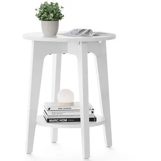 VASAGLE MAEZO Kollektion - Beistelltisch, Sofatisch, Kleiner runder Tisch für Wohnzimmer, Nachttisch für kleine Räume, mit Ablage, moderner Stil, weiß