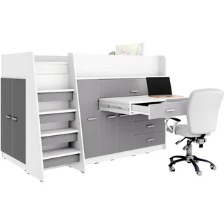 Marlux-Meble Hochbett JSM-1 80x190 TREPPE Links 129 cm Hoch mit Kleiderschrank Schreibtisch Schränke Matt Funktionsbett Etagenbett Stockbett Kinderhochbett Jugendhochbett (Graphit Matt)