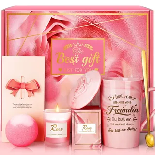 Geschenk für Beste Freundin, Tasse Geschenkset Pink, Weihnachten | Duftkerze,Badebombe,Grußkarte,Geschenk für Freundin Geburtstag Freundinnen