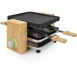 Princess SDA 162950 Raclette Pure 4 – Bambusausführung für bis zu Personen regelbares Thermostat 800 Watt Pfännchen und Spatel, 01.162950.01.001, Bambus/Schwarz