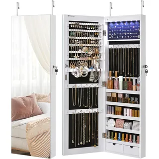 SONGMICS Schmuckschrank mit langem Spiegel, Schmuckaufbewahrung mit 6 LED-Lampen, zum Aufhängen an der Tür oder zur Befestigung an der Wand, großes Fassungsvermögen, 2 Schubladen, Weiß JJC99WT