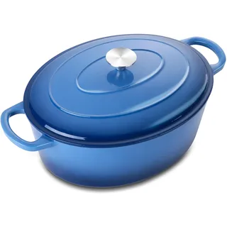 5QT Ovaler Dutch Oven Topf mit Deckel, Leonyo 5 Quart emaillierter ovaler Gusseisen-Dutch Oven zum Sauerteigbrot Brechen, robustes Kochgeschirr zum Schmoren, Eintöpfe, Braten, Blau