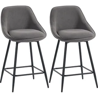 HOMCOM Barhocker 2er Set Drehbar Tresenhocker Barstuhl mit Fußstütze, Rückenlehne, Kord-Optik, Sitzhöhe 65 cm Küchenstühle mit Stahlgestell Sessel für Küche, Esszimmer & Theke Grau