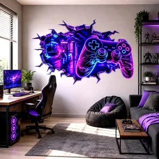 Decords Wandtattoo – Neon-Gaming-Controller mit 3D-Mauerdurchbruch-Effekt, 80 cm