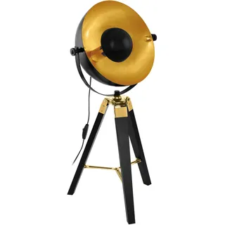 EGLO Tischlampe Covaleda, Tripod Tischleuchte Industrial, Vintage, Nachttischlampe aus Holz und Stahl, Wohnzimmerlampe in Schwarz, Gold und Messing, Lampe mit Schalter, E27 Fassung