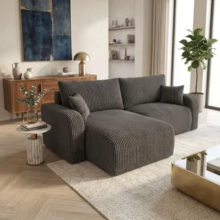 Wohnero24 Habana Mini Ecksofa 248x153 cm mit Schlaffunktion 204x133 cm – Eckcouch mit Bettkasten – Cord Sofa L-Form – Wohnlandschaft Klein ... - Grau