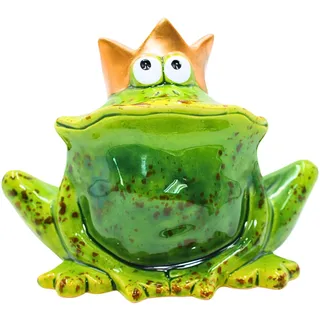 Dekohelden24 Lustiger Deko-Frosch mit Goldener Krone/Froschkönig, aus Keramik, in grün, für Heim, Garten, Terrasse oder Teich, Größe: L/B/H ca. 9 x 16 x 12 cm