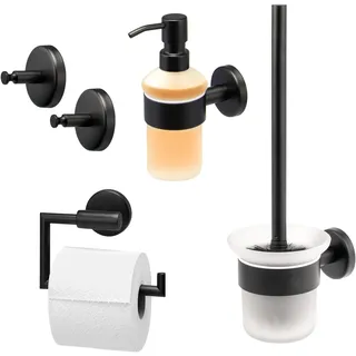 bremermann Bad-Serie Piazza Black - Badezimmer Zubehör-Set 4tlg. bestehend aus 1x Toilettenpapierhalter 1x WC-Garnitur 1x Seifenspender und 1x Handtuchhaken, Badaccessoires aus Edelstahl schwarz