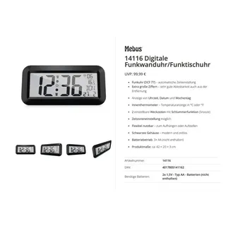 MEBUS Funk Wanduhr 42 cm 14116 schwarz