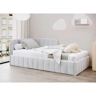 Bett Mario 100x200 cm, Polsterbett mit Metallrahmen, Jugendbett mit Bettkasten, Riviera-Stoff, Grau, Rechts - Grau