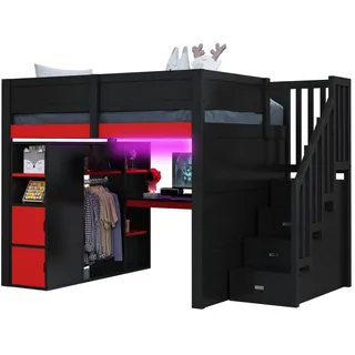 Okwish Hochbett, Schwarz, Holzwerkstoff, 140x200 cm, Kinderzimmer & Jugendzimmer, Kindermöbel, Kinderbetten, Hochbetten