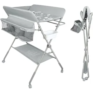 mobiler Wickeltisch mit Wickelaufsatz, Wickelkommode klappbar höhenverstellbar, Wickelkombi mit Sicherheitsgurt Aufbewahrungskorb Kleiderstange-80 * 58 * 90 cm-hellgrau