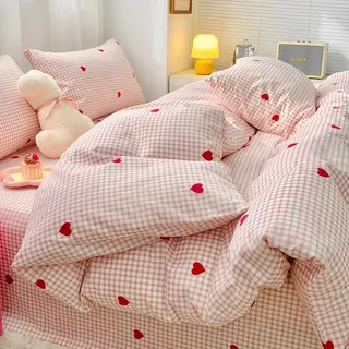 Nayoroom Herzchen Bettwäsche 135x200 Rosa Weiß Kariert mit Roten Herzen Weiche Mikrofaser Bettbezug Set 2er Set Karo Herz Muster Aesthetic Bettwäsche-Sets mit Reißverschluss und Kissenbezug 40x80 cm