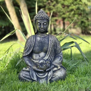 FABRIQ Große Buddha Statue 40 cm – 12 kg Steinguss – FullGold – Wetterfest & frostsicher – Zen & Feng Shui Dekoration
