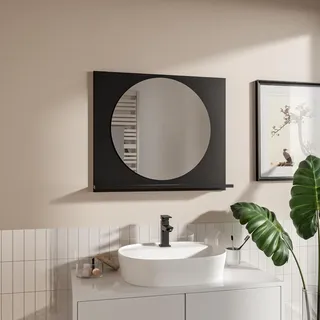 HAJDUK FURNITURE Badspiegel Rund mit Ablage Schwarz 70x60 cm Spiegel ⌀55 cm Badezimmer-Wand-Rasierspiegel mit Stauraum Badezimmerspiegel Wandspiegel Hängespiegel Badmöbel