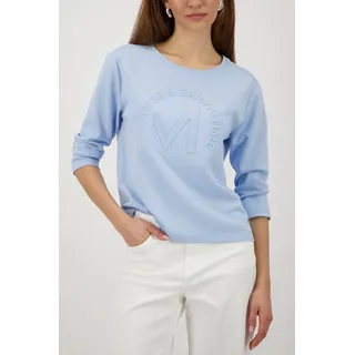 Sweatshirt MONARI, Damen, Gr. 42, blau (light sky), Sweatware, Obermaterial: 55% Polyester, 38% Viskose, 7% Elasthan, unifarben, regular fit normal, Rundhals, eingesetzt abgesteppte Kante, Sweatshirts Sweatshirt, Rundhalsausschnitt, Prägedruck mit Strasssteinen, Regular Fit
