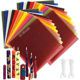 ASelected 24 Stück Bienenwachs-Bienenwachsplatten für Kerzen, 20x20 cm Wachsplatten für Kerzen Set, Kerzenherstellung Bastelset, inkl. 3m Docht, Id