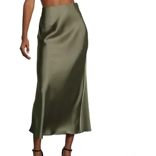 Damen Satinrock Hohe Taille Seide Einfarbig Röcke Übergröße A-Linie für Midi Reißverschluss Fischschwanz Röcke für Job Party Hohe Taille Meerjungfrau Rock Elegant Satin Maxi Rock (M Army)