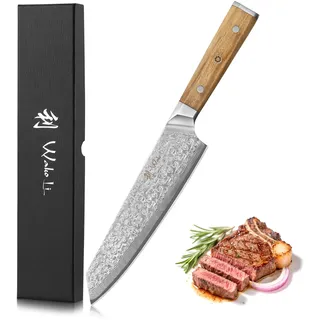 Wakoli Oribu Chefmesser Kiritsuke mit 20 cm Klinge aus 67 Lagen Damaststahl mit VG10 Kern, Full Tang, Olivenholzgriff, Damastmesser in Geschenkbox für Fleisch, Fisch und Gemüse