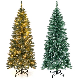 COSTWAY 150 cm Bleistift Weihnachtsbaum mit Beleuchtung, LEDs in warmweiß, künstlicher Tannenbaum mit Metallständer, schmaler Christbaum schneebedeckt, Kunstbaum Weihnachten, Grün+Blau