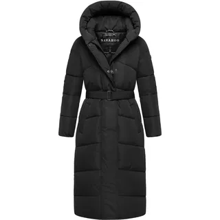 Navahoo Damen Steppmantel Lang Stepp Winterjacke gefüttert Anorak Parka mit Gürtel & Kapuze Eisblick S - XXL (DE/NL/SE/PL, Alphanumerisch, S, Regular, Regular, Schwarz) - S