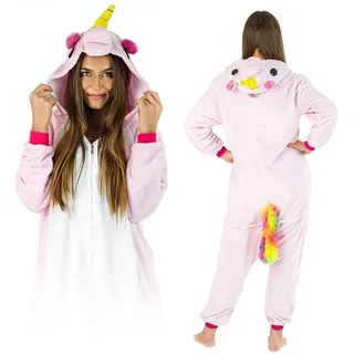 Jumpsuit Onesie für Damen und Herren - Sanft Kuschelig Unisex Pyjama - Warme Schlafanzug - Karneval Kostüm Damen oder Herren - Beliebte und Lustige Einhorn Motiv - Größe - Color Wool Pink Pegasus - M - M