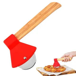BQRKOTM Pizzaschneider Edelstahl Lustige Pizzaroller Manueller Pizzamesser in Axtform Pizza Schneidemesser mit Holzgriff Pizza Cutter zum Schneiden von Pizza Waffeln Pfannkuchen Rot