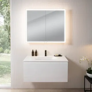 rivea Dia Unterschrank B: 101 cm mit 1 Auszug, Waschtisch mit 1 Hahnloch weiß matt, mit n60 Spiegelschrank,, BR0038WH+BR0050WM+BN0493MI,