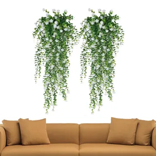 Künstliche Hängbare Pflanzen Für Draußen | 2 Stücke Kunst-Eukalyptus Ranken,Realistische UV-Beständige Wanddekoration Für Wohnzimmer Balkon Innenbereich Hochzeit Garten Badezimmer Schlafzimmer