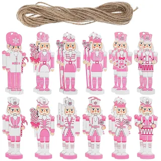 Hemobllo 24 Stück Hölzerne Nussknacker Figuren 8cm Rosa Weihnachtsbaumschmuck mit Aufhängeband Holzornamente für Festliche Weihnachtsdekoration