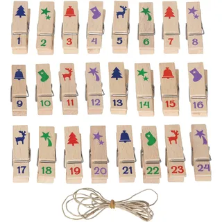 Bartl 111943 Holz-Klammern Set incl. Schnur mit Nummern zum Adventskalender selber basteln für Säckchen oder Papierboxen