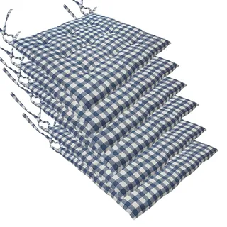 NYVI Stuhlkissen 40x40 cm ComfySeat Blau Weiß kariert 6er Set - Sitzkissen mit Bändern/Schleife, 9-fache Steppung - Indoor & Outdoor - Gartenstuhlkissen aus Baumwoll-Mischgewebe - ÖkoTex 100