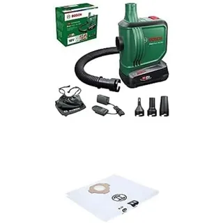 Bundle of Bosch elektrische Luftpumpe/Luftpumpe für Luftmatratze EasyInflate 18V-500 (1x 2,0 Ah Akku; 18 Volt System; zum Aufblasen und Entleeren; im Karton) + Bosch 4X Vlies Staubsaugerbeutel