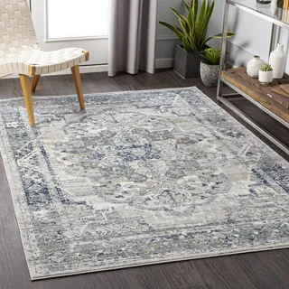 Livabliss Ascot Vintage Teppich 200x275 cm – Boho Kurzflor für Wohnzimmer, Esszimmer & Schlafzimmer – pflegeleicht in Grau & Blau