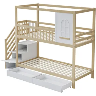 Kinder-hochbett 90 X 200 Cm Aus Naturholz, Haus Mit Fenstern, Leiter Und Schubladen