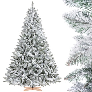 FairyTrees Weihnachtsbaum künstlich 220cm FICHTE mit Christbaum Holzständer | Tannenbaum künstlich mit Natur-Weiss Schneeflocken | Made in EU
