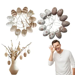 24 Stück Osterdeko Eier aus PVC, Braune und Cremefarbene Ostereier zum Aufhängen, Dekorative Ostereier für Ostern, Frühling und Garten, Leichte, Umweltfreundliche Ornamente für Osterkörbchen