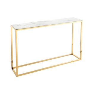 Casa Padrino Konsole Gold / Weiß / Grau Marmor Look 110 x 26 x H. 80 cm -  Konsolentisch mit Glasplatte - Wohnzimmer Möbel
