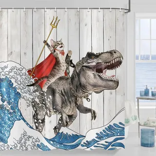 ASDCXZ Duschvorhang Lustig Katze 90x180 cm, Cool Kätzchen Ride Dinosaurier Japan Welle Vintage Badezimmer Wasserdicht Badvorhang Polyester Textil Waschbar Duschvorhänge für Badewanne mit 6 Haken
