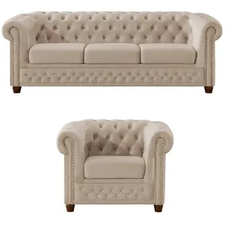 S-Style Chesterfield Garnitur Samt 3-Sitzer + Sessel Beige