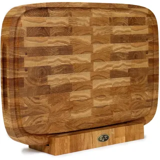B4K® ovales Schneidebrett mit Ständer aus Eiche Stirnholz 50 × 35 × 4 cm | Massiver Hackblock, Antibakterielles Hirnholzbrett, Mit Griffen, Saftrille & Silikonfüßen, Perfekt für Küche, Fleisch & BBQ