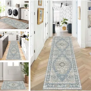 Teppich Läufer Lang Flur Küche rutschfest waschbar Teppichmatten Modern Design Küchenläufer Vintage Grau Blau 120X180cm Küchenteppich Meterware Esszimmer Schlafzimmer Wohnzimmer Schmutzfangmatte