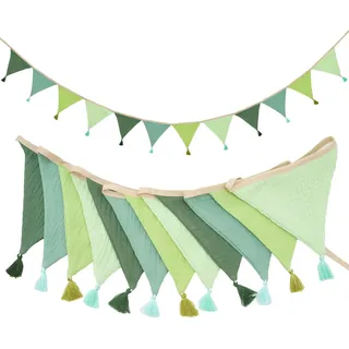 G2PLUS Musselin Wimpelkette Kinderzimmer mit Quasten, Grün Musselinstoff Girlande Beidseitig, 2.8m Stoffgirlande für Kinderbettchen, Kinderzimmer-Wandschmuck, Geburtstagsdekoration