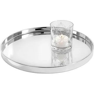 Metall Kerzentablett Silber rund - 30 cm - Deko Silbertablett glänzend mit Rand - Dekotablett Serviertablett Kellnertablett Dekoteller Kerzenteller Tablett für Dekorationen Geschenke Weihnachten