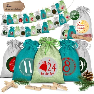 KESSER® Adventskalender zum Befüllen 24 Jutebeutel 16 x 12 cm Gedruckte Stoffbeutel Kinder Weihnachtskalender zum Selber Befüllen Inkl.. 24x Schildchen + 1 Großer Aufbewahrungsbeutel Stoff