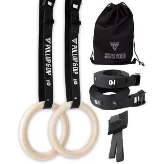 PULLUP & DIP Premium Turnringe Holz, Gym Rings Gymnastikringe, Turnerringe für Calisthenics, Breite Befestigungsgurte mit Markierungen + Türanker + Transportbeutel + eBook (runde Ringe Set)