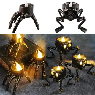 6 Stück LED Halloween Kerzen Licht, Halloweendeko Tisch Teelichter, Led Flammenlose Skeletthand Kerzen, Halloween Totenkopf Teelicht, Beleuchtung Deko Innen für Halloweendeko und Party Tischdeko (B)