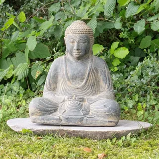 Oriental Galerie Japan Buddha Figur sitzend Skulptur Lotussitz Meditationsgeste Stein Lavasand Bali Steinfigur Garten Deko 30 cm