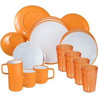 Camping Geschirr Set aus Melamin und Glas Set für 4 Personen - 20 Teile - Campinggeschirr - gelb weiß - mit Trinkglas 630 ml - Gläsern - Anti-Slip-Tassen